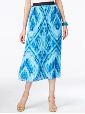 NY Collection Women's Printed Pull-On Pleated Midi Skirt, Ocean Blue, XL